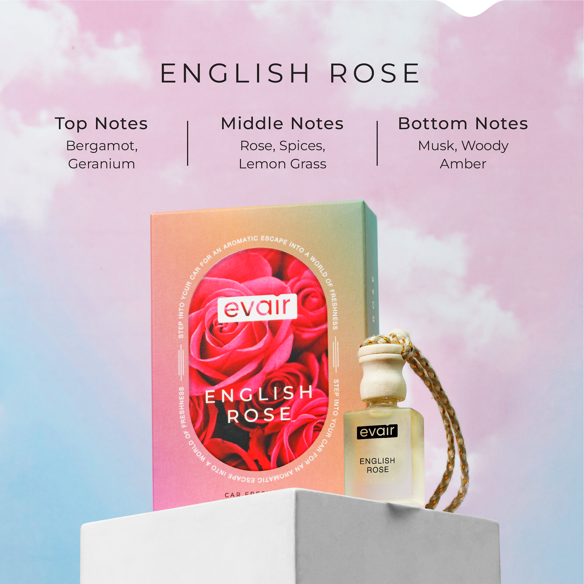 Different Notes of Evairs English Rose Car Perfume